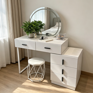 Modern <b>Makeup</b> Vanity <b>With</b> Oval <b>Mirror</b> Storage Drawers Bedroom Dressing Table <b>With</b> Stool - Product Image 5