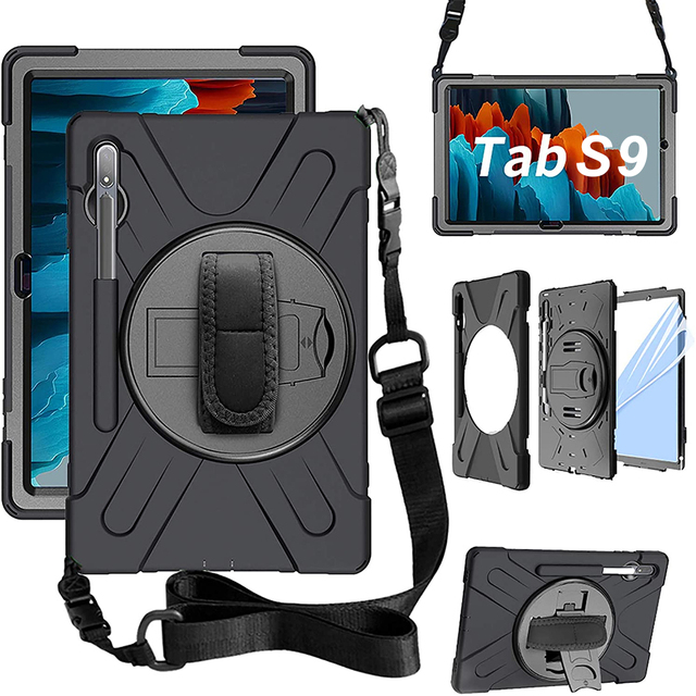 360 Degree Rotating Handheld Shockproof Silicon Waterproof Dustproof Case Shoulder Strap for for Tab S9/S8 Plus 12.4