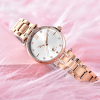 Montre à quartz de luxe pour femmes, verre en cristal, bracelet en acier inoxydable, cadran à aiguilles, affichage de la date, chiffres romains, fermoir papillon