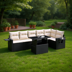 Ensemble de canapés de jardin en rotin noir avec coussins crème, mobilier d'extérieur au design contemporain, résistant à l'eau et aux UV, en rotin PE - Product Image 2