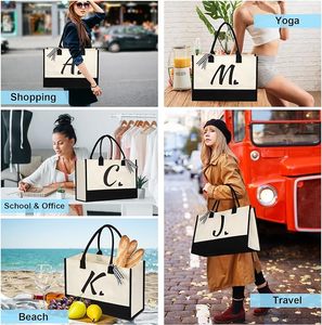 Sac de plage en toile personnalisé avec initiales, sac de shopping en toile monogrammé pour femme, grande capacité - Product Image 6