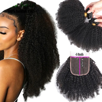 Prêt à Expédier Cheveux Humains Brésiliens Vietnamiens Afro Crépu Bouclé 1B en Faisceaux avec Closure Bruts Non Transformés Extensions 4B 4C Style Bande Adhésive