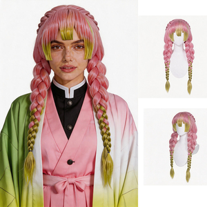 Peluca de Cosplay al por Mayor de Alta Calidad, 100 cm de Largo, Rosa y <span class=keywords><strong>Verde</strong></span> Mezclados, Fibra Sintética, Anime, con Tres Trenzas para Cosplay - Product Image 1