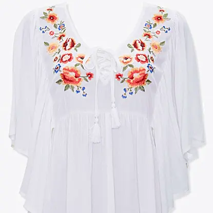 Embroidered Women Blouse Peasant Vintage Blouses Women's Flounce Hem Embroidered With A Lace Up PLUS Size Women Blouses Tops Shirt / Blouse Tassel