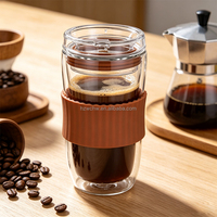 Tasse à café en verre borosilicate double paroi de 360 ml, durable, avec manchon et couvercle en silicone – Meilleure vente