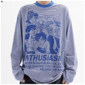 เสื้อยืดคุณภาพสูง เสื้อยืดแขนยาวทรงหลวมสไตล์อเมริกันสำหรับผู้หญิง ลายทางและลายการ์ตูน - Product Image 6