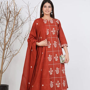 Kurta de Algodón Bordada con Motivos Étnicos para Mujer, con Pantalones y Dupatta, Producto Hecho a Mano al por Mayor, Personalizado - Product Image 1