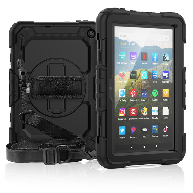 For Kindle Case 360 Rotation Hand Strap&Kickstand Silicone Tablet Case for Amazon Kindle Fire HD 8 Plus 2020 Protective Cover