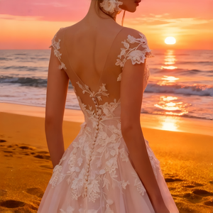 فستان زفاف عصري بمقاسات كبيرة مضاد للكهرباء الساكنة مع ظهر مربوط بالدانتيل وتطريز بالخرز وكشكشة مناسب للحوامل - Product Image 5