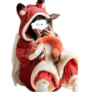 Conjunto de ropa para el hogar de talla grande roja Otoño Invierno Coral pijama con <span class=keywords><strong>forro</strong></span> <span class=keywords><strong>polar</strong></span> grueso sólido pequeño zorro camisón de pareja - Product Image 6