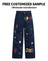 Jeans personnalisés de style Y2K avec plusieurs patchs brodés, streetwear pour hommes, pantalon cargo en denim ample à jambes larges