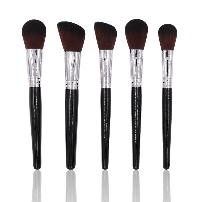 Black Facial Makeup Brush Set 5pcs Angled Cheek Loose Powder Blush Brush Bronzer Nose Contour Highlighter Brush Set