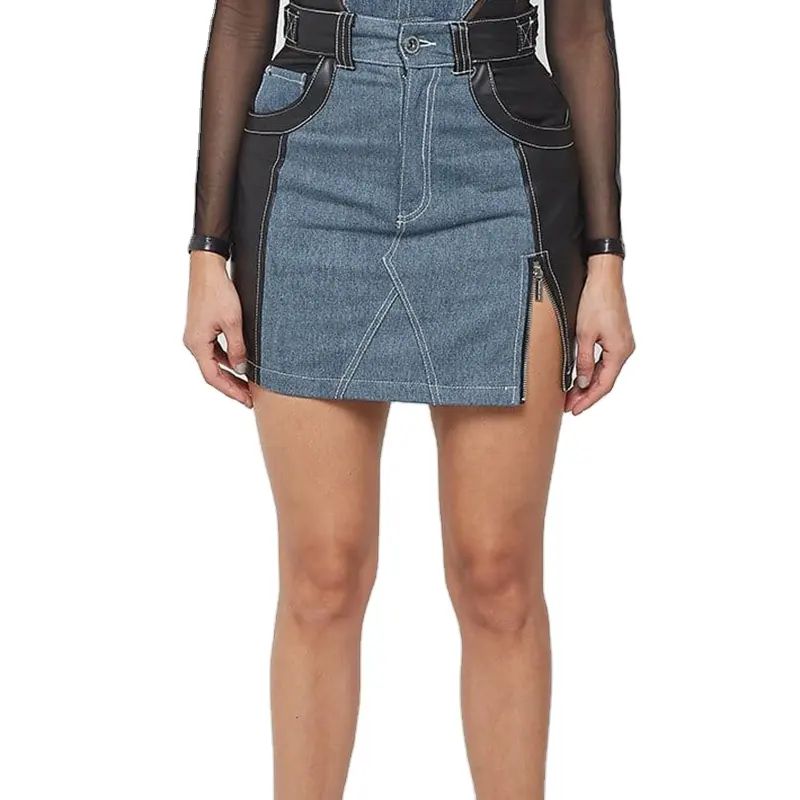 Nuovo arrivo moda Denim personalizzato in pelle vegana minigonna a contrasto cintura regolabile Zip gonna da donna con spacco opzionale