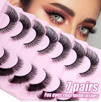 7 paires de faux cils en vison naturel, courbure D, effet œil de chat, style œil de renard, volumineux et légers, avec étui