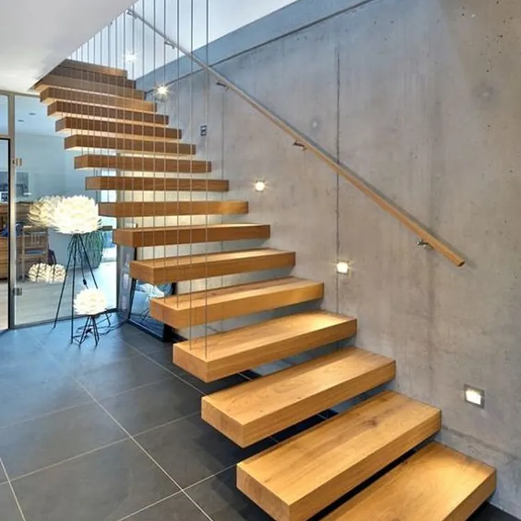 Escada de madeira do feixe duplo/escada do passo com a cobertura de vidro fabricada na escada flutuante modular