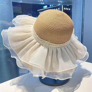 French Style Wide Brim <b>Straw</b> <b>Hat</b> Beige Khaki Breathable Sun Protection Beach Sunshade Adult Women's <b>Hat</b> - Product Image 4