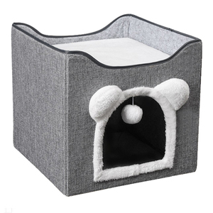 Cama tipo cueva para gatos esponjosa y gris, moderna bola de lino, plegable colgante, escondite para gatos, tienda para perros pequeños, diseño sólido, Cama Cueva Para Gatos - Product Image 3