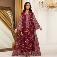 Robe longue Abaya Kaftan pour femmes musulmanes, en polyester, avec broderie florale, décorations à pompons, manches évasées, col en V, pour adultes.