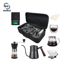 Set Kopi Drip Travel dengan Gagang Kayu, Teko Gooseneck & Penggiling Kopi 5-Kecepatan yang Dapat Disesuaikan, Perlengkapan Perjalanan untuk Penggemar Kopi