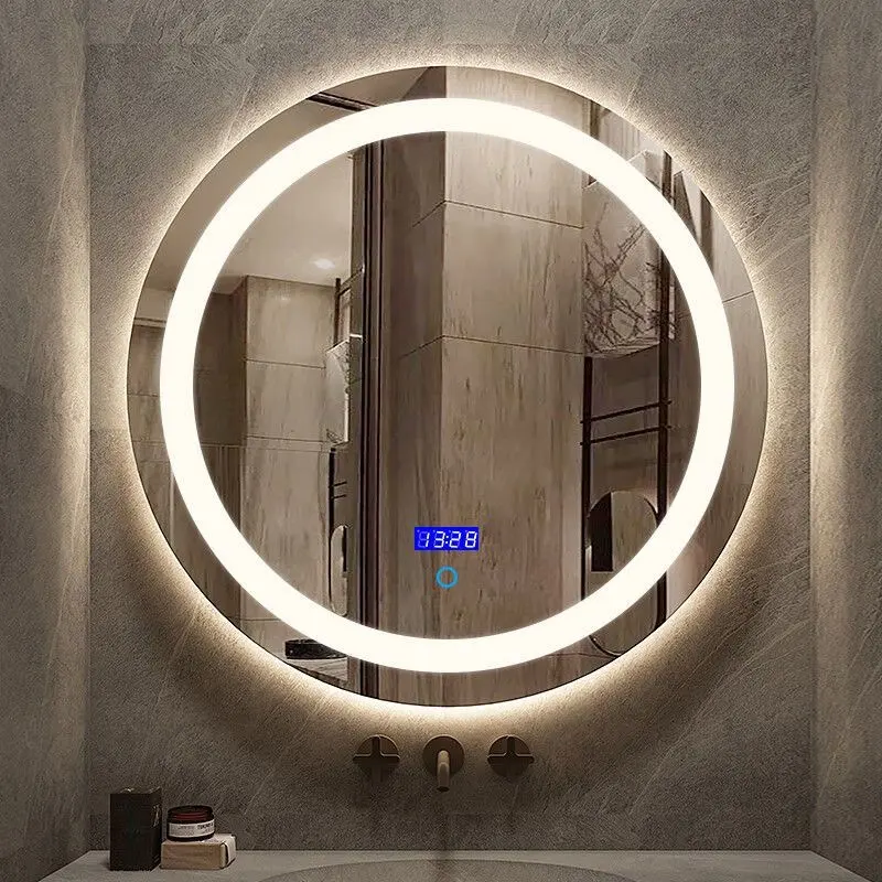 Безрамное многофункциональное круглое умное светодиодное настенное умное противотуманное зеркало для ванной комнаты с сенсорным экраном