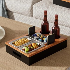 Caja de Almacenamiento de Madera con Soporte para Teléfono, 4 Compartimentos, Organizador de Mesa para Bebidas y Aperitivos, Rectangular, Madera Maciza, Multifuncional - Product Image 2