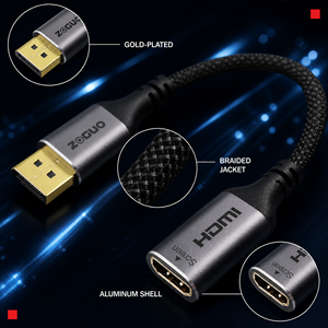 สายเคเบิลอะแดปเตอร์ DP เป็น <span class=keywords><strong>HDMI</strong></span> หญิง 8K60Hz, ขั้วต่อ DP เป็น <span class=keywords><strong>HDMI</strong></span> หญิง สายสั้น 0.2 ม., สายถักสำหรับจอ<span class=keywords><strong>ทีวี</strong></span> - Product Image 3