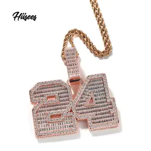 Kustom Nomor Bling Kalung Rantai Hip Hop Simulasi Berlian Baguette Liontin untuk Wanita Pria