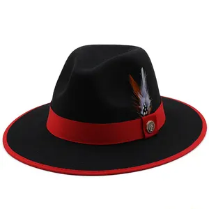 Stylish Feather Trim Solid Color Wool Felt Fedora Hat for European and American Party