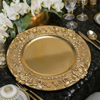 Assiettes de présentation vintage dorées en PP, réutilisables, rondes de 13 pouces, en plastique sculpté, pour la décoration de table lors de mariages, fêtes et événements