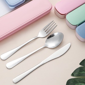 Ensemble de couverts de camping en acier inoxydable, design classique écologique, cuillère et fourchette avec boîte en paille de blé pour la rentrée scolaire - Product Image 2