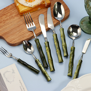 304 thép không gỉ Acrylic Pearlescent tre màu xanh lá cây Phong Cách Xử Lý thiết lập dao kéo dao nĩa Muỗng Bạc cho đám cưới - Product Image 5
