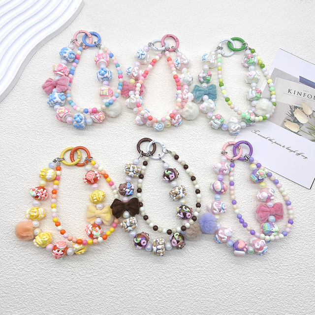 2026 New Design Cute Rice Beads Acrylic Keychain Charms Phone Chain Beaded Cellphone Strap Lanyard for Girls Custom Wholesale