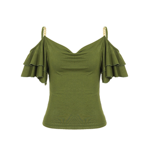 Nueva Llegada, Camiseta Y2K Verde sin Tirantes, Hombros Descubiertos, Tejido Sólido, Corte Regular, Manga Corta, Ropa Urbana de Verano - Product Image 6