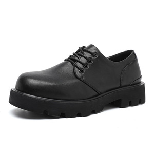 Chaussures Derby pour hommes en cuir véritable, bottes basses minimalistes à semelle épaisse, bottes de travail noires rehaussantes, décontractées - Product Image 3