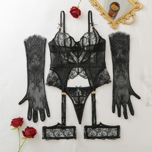 Set Lingerie Sexy 4 Pezzi in Pizzo <span class=keywords><strong>Nero</strong></span> Trasparente con Reggiseno, Reggicalze, Guanti e Mutandine, Bustier Ricamato con Lacci, Etichetta Privata Donna - Product Image 6