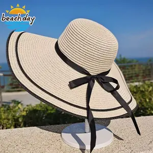 Beach Day Beach Hats Women Large Wide Brim Bowknot Straw Hat Manufacturer UPF UV Floppy Foldable Packable Cap