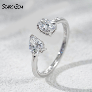 Anillo de Compromiso Ajustable StarsGem de Oro Sólido de 10K con Baño de Rodio, Diamante Cultivado en Laboratorio de 1.0CTW E VS, Corte Ovalado, Estilo Toi Et Moi - Product Image 1