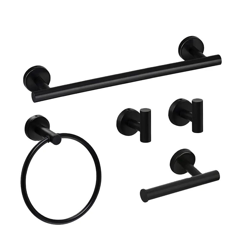 Modern Black Stainless Steel Wall Hang Mounted Decorations Bathrooms Accessories 5 Pieces Set for Hotel Washroom