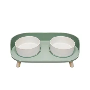 Elevated Cat Dog Bowls with Wooden Stand with Double Ceramic Bowls Raised Feeder for Pet