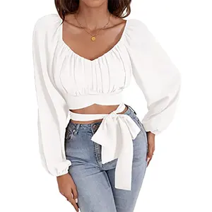 Aangepaste Stof Groothandelsprijs Dames Schattige Lantaarn Pofmouw Off Shoulder Zelf Stropdas Knoop Wikkel Crop Tops Bardot Blouse