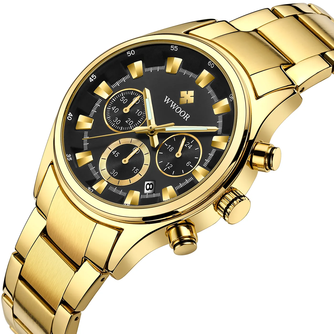 Wwoor relógio de pulso masculino quartzo, multifuncional, dourado, aço, esportivo, data data, homens, relógio de pulso, 8857