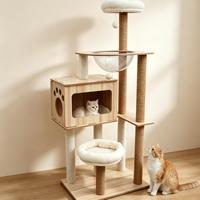 Arbre à chat en bois moderne de luxe personnalisé avec grande planche à gratter, tour murale, emballé en carton