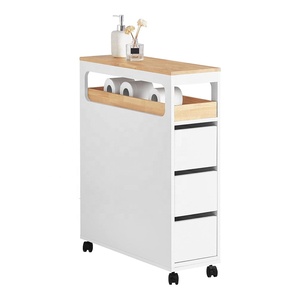 Narrow White Kitchen Wood Bamboo <strong>Towel</strong> Toilet Paper <strong>Bathroom</strong> <strong>Storage</strong> <strong>Cabinet</strong> with Wheels - Product Image 1