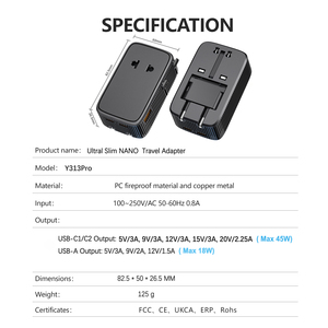 45W Ultra Thin Universal Travel Adapter With 3 Ports USB C Fast Charger All-in-one Travel Power Adapter for Travel <strong>Essentials</strong> - Product Image 3