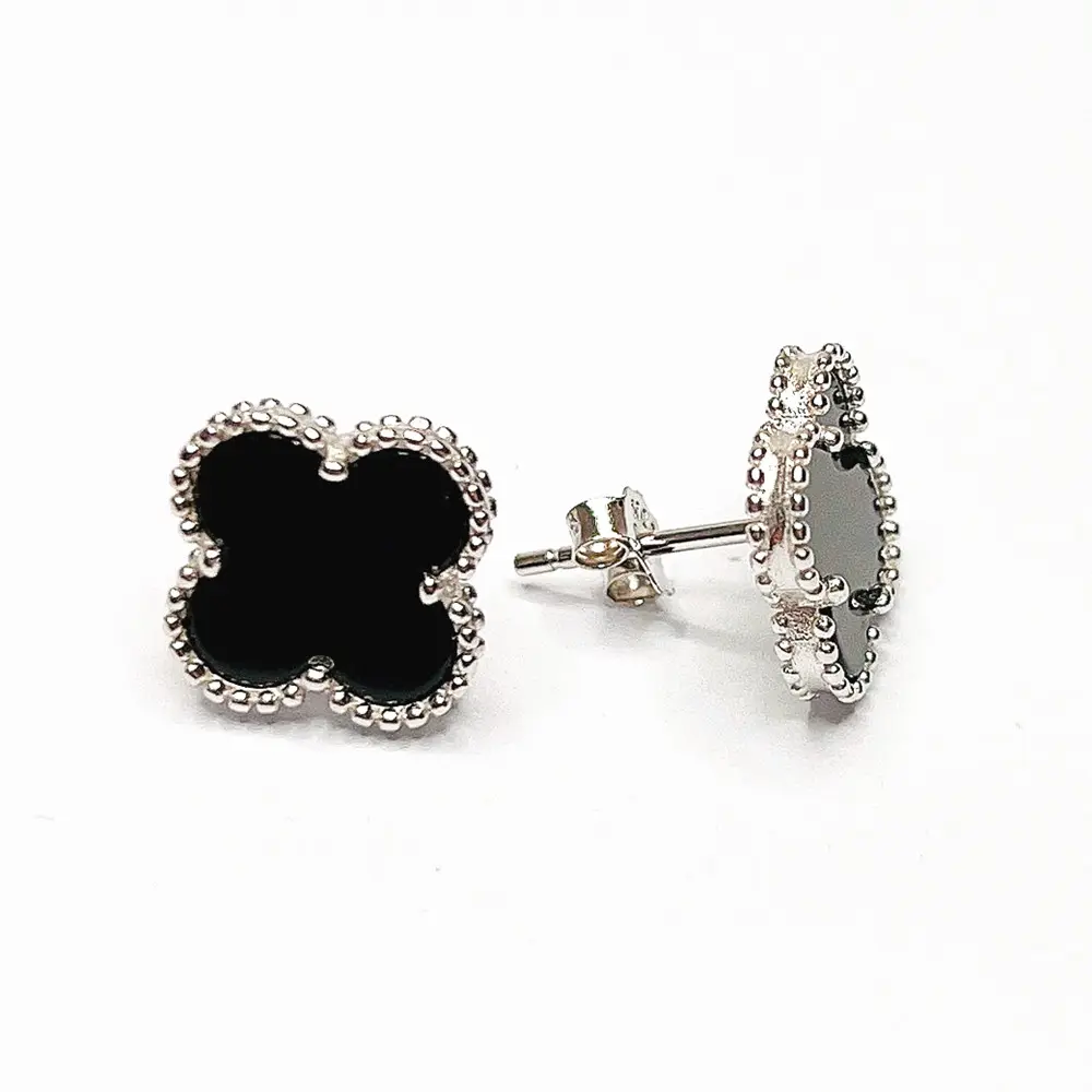 Jewelry Lucky 925 Sterling Silver Va Black Agate Mother Of Pearl Clover Stud Earrings For Women