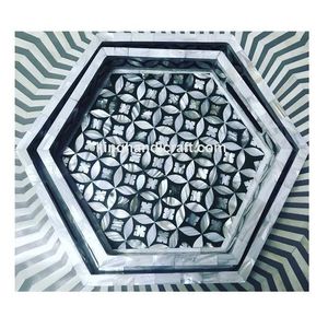 Plateau en bois flexible fait à la main avec incrustation de nacre, style bohème - Ramadan Eid Mubarak, plateau de service de luxe pour boissons et dattes - Product Image 1