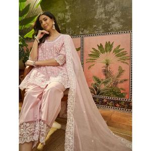 Pantalons palazzo et dupatta en coton pur brodé rose pour femmes, de qualité supérieure, vêtements ethniques confortables pour tous les jours, disponibles à bon prix. - Product Image 5