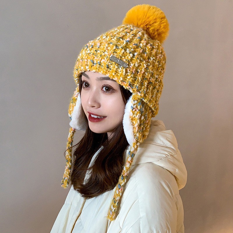 Women\'s Yellow Winter Warm Knitted Beanie Faux Fur Pom Skull Style Hat Cap Winter Knit Beanie Hat Skull Cap Soft Solid Yellow with  main image 4