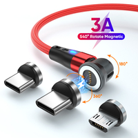 Penjualan Terbaik 7-Pin pengisian cepat 540 derajat Tipe C Data seluler USB 3-in-1 kabel putar magnetik jalinan nilon telepon mikro