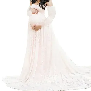 2021 maternité photographie accessoires longue robe de mariée robe dentelle grossesse fantaisie prise de vue Photo sans épaule vêtements enceintes nouveau